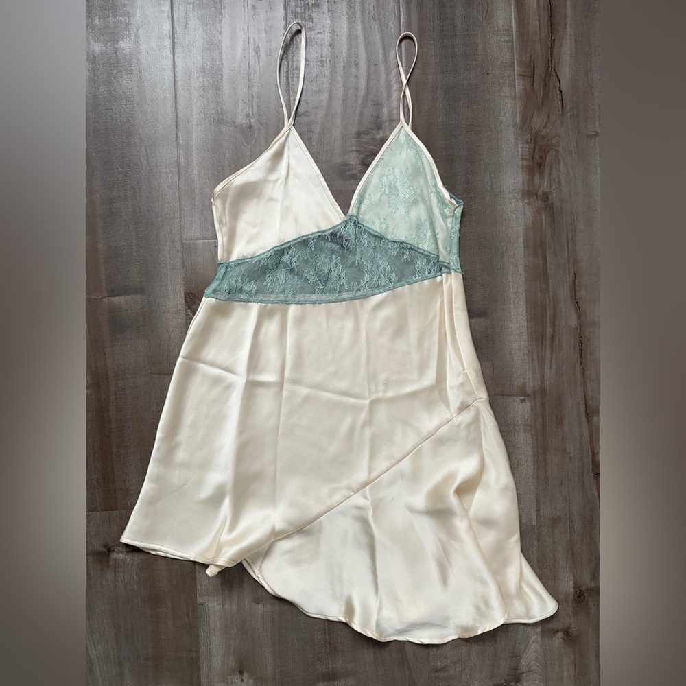 Elegant Cream and Green Lace Slip Dress